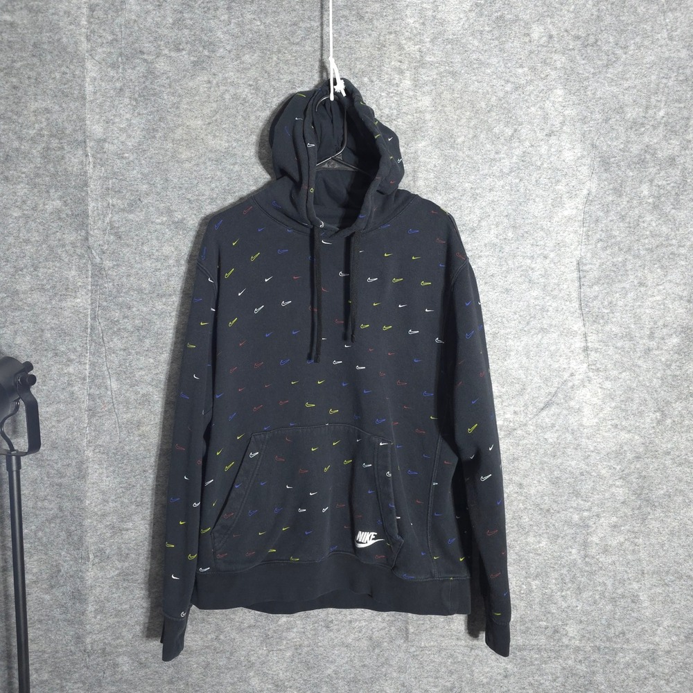 Nike Sportswear Hoodie Men L Black Multi-Color Swoosh Embroidered All Over Print